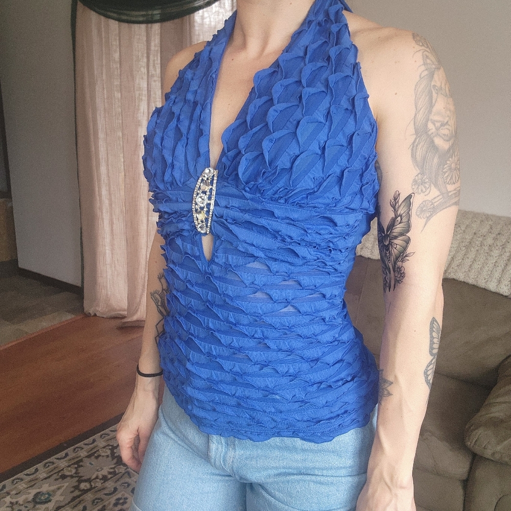 Body C Blue Ruffle Halter Top With Brooch Detail Size Medium - Picture 5 of 8